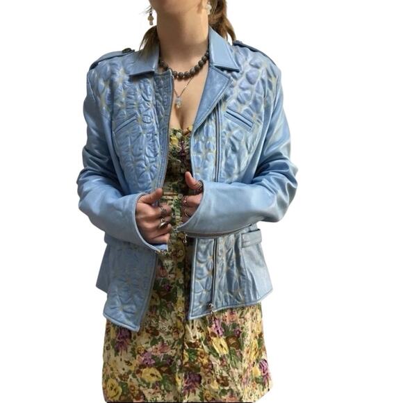 90s Kaptain Celebrity Design Blue Bubble Leather Moto Jacket Quilted - Picture 1 of 7